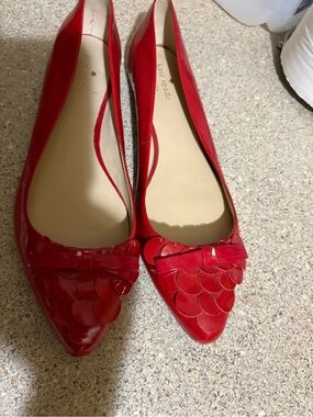 kate spade Red Patent Pointed-Toe Flats with Scallop Bow Detail